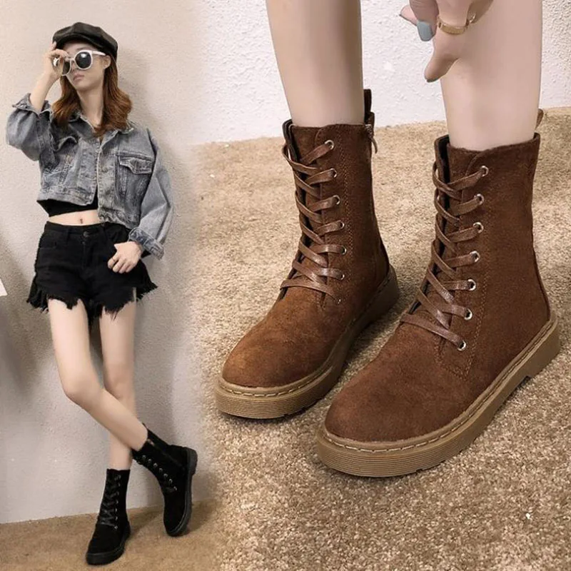 

Autumn and winter 2019 new women's Martin boots flat heel round suede lace up fashion women's short boots thin women's Boots