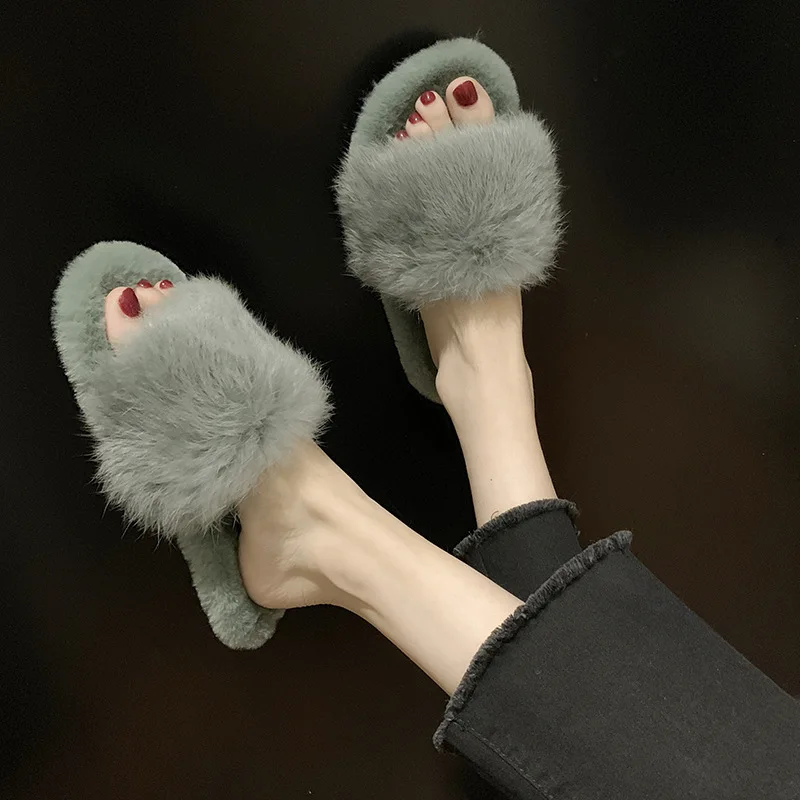 Меховые тапочки; женская домашняя обувь на Зимние тапочки снаружи женская обувь с открытым носком с натуральным кроличьим мехом; тапочки, женская обувь; Zapatos De Mujer; большие размеры