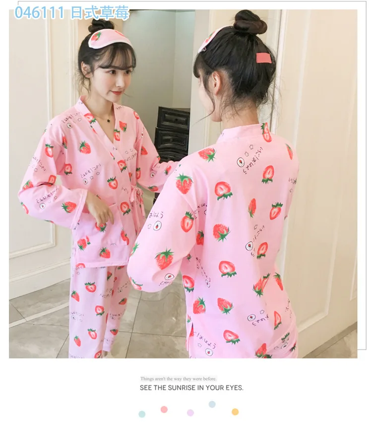 Весна и осень японский стиль кимоно пижамы женские трикотажные хлопковые с длинным рукавом сладкий корейский стиль свежий свободный комплект кимоно Hom