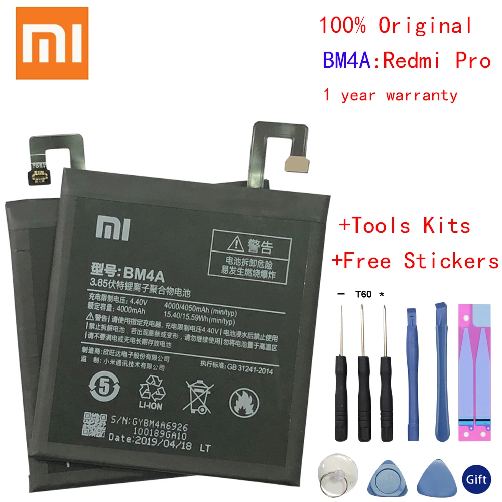 

Xiao Mi Original Phone Battery BM4A for Xiaomi Hongmi Redmi Pro 4000mAh Replacement Batteries Retail Package Free Tools