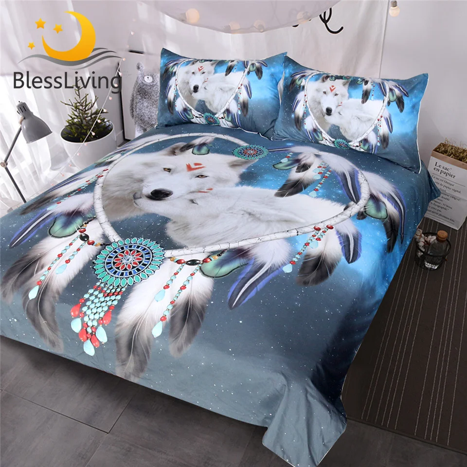 Online Blesliving Wolves juego de cama para parejas con estampado 3D de Lobo Blanco edredón funda Tribal Animal Galaxy cama Set corazón atrapasueños colcha