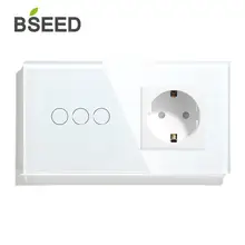 BSEED ЕС стандартный сенсорный выключатель 3 банды 1 способ 2 способ настенный выключатель розетка 3 цвета кристалл стеклянная панель сенсорный выключатель белый черный Глод