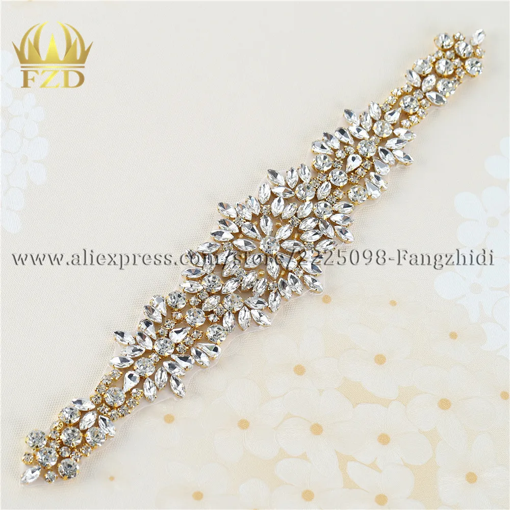 FZD 10 Pcs Rhinestone Applique Bridal Wedding Accessories Strass Crystal Applique Sewing On Waist Belt Motif Patch Tear Drop - Цвет: FA-1078 Gold