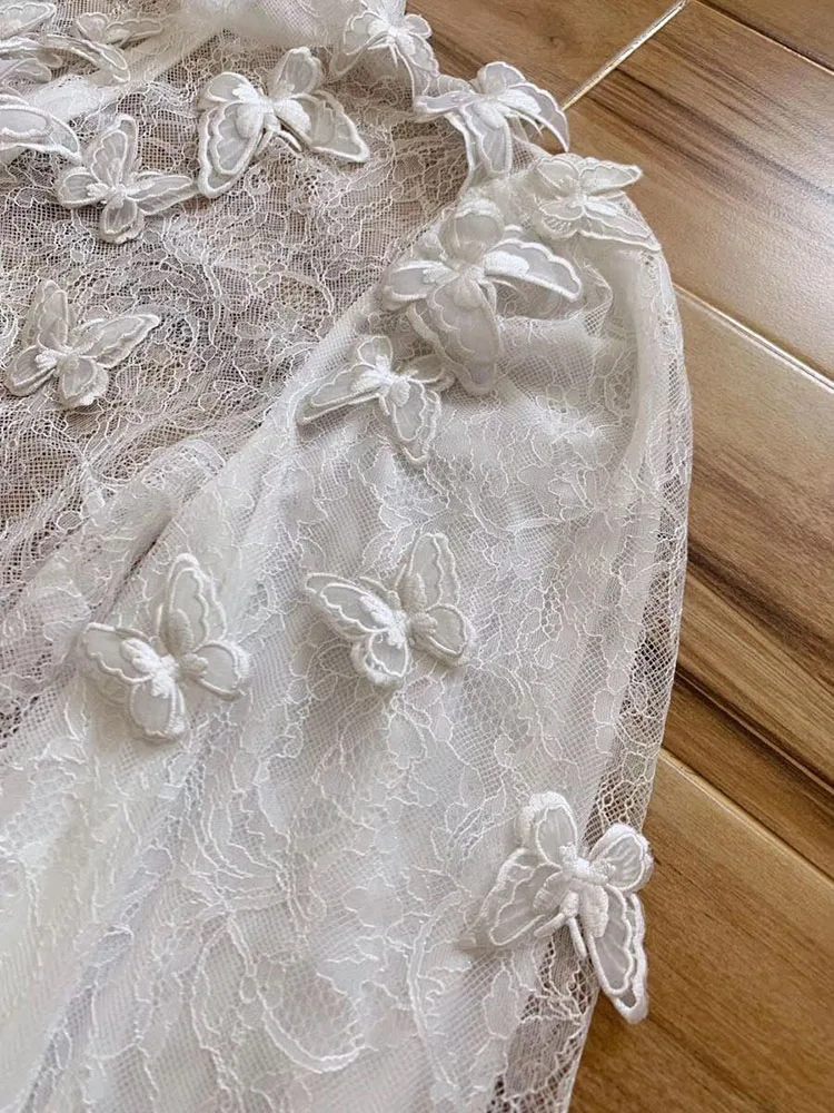 LINGHAN Vacation 3D Butterfly Embroidery Top Sexy Hollow Out Puff Sleeve Blouse Designer Autumn New