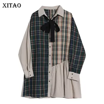 

XITAO Vintage Lattice Splice Dress Women Bow Elegant Fashion Ladies Dresses Turn Down Collar Women Clothes 2019 Autumn WLD3067