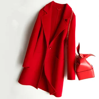 

2020 Autumn Winter Red Black Wool Coat Women Slim Single Button Female Suit Collar Double sided Pure Wool Jackets Women Outwear