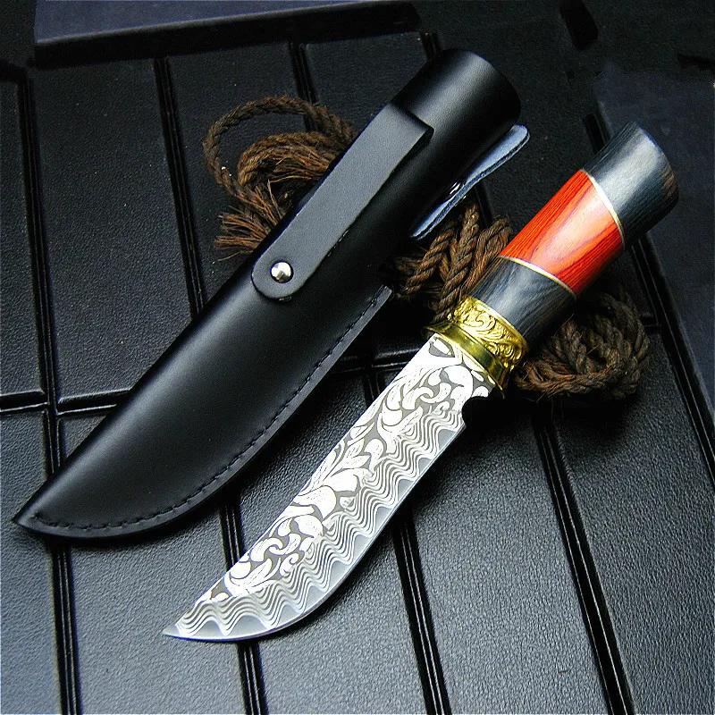 

CH-DASG1 Red wood handle Damascus pattern straight knife north American style sharp hunting knife outdoor tactics straight knife