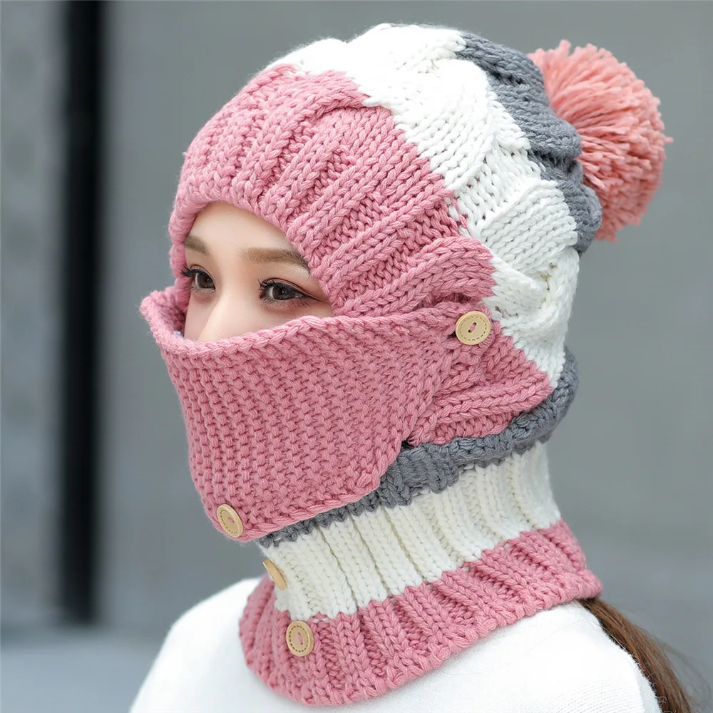 Pink H7518 Осень Зима плюс бархатная вязаная шерстяная шапка маска для шеи Защита из трех частей Женская велосипедная шапочка для верховой езды на открытом воздухе теплая Повседневная шапка - Цвет: Pink