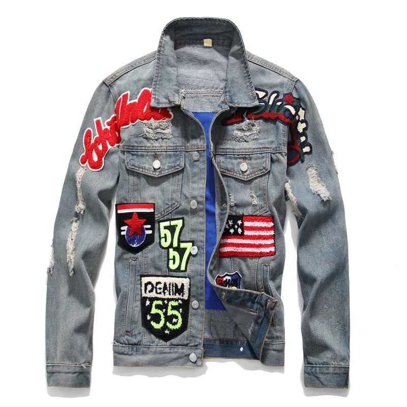 

Streetwear clothing coat regular fancy patch embroidery hip hop biker ripped punk denim jeans jacket for men