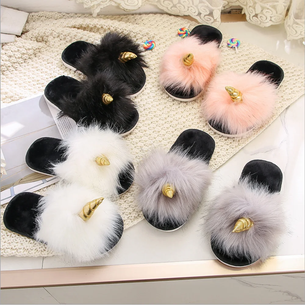 

Unicorn Plush Flip-flops Home Indoor Parent-child Plush Slippers Autumn and Winter Slippers Flip Flops Women Shoes