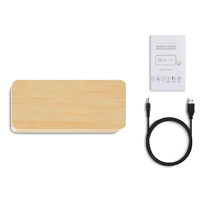 Digital Alarm Clock, Adjustable Brightness Voice Control Desk Wooden Alarm Clock, Large Display Time Temperature/Date/USB/Batter