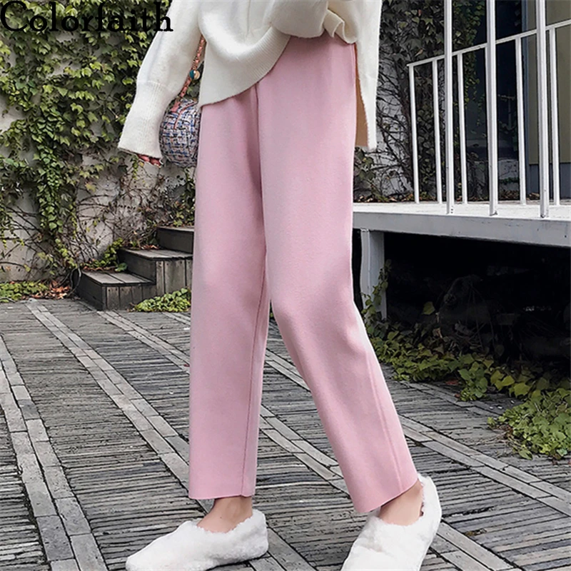 

Colorfaith New 2019 Autumn Winter Women Pants Knitting Woolen High Waist Button Elegant Korean Style Ankle-Length Pants P5712