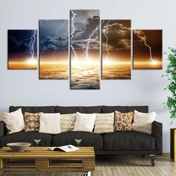 

Canvas Painting Wall Art HD Prints 5 Pieces Lightning Landscape Dark Clouds Wall Pictures for Living Room Home Decor