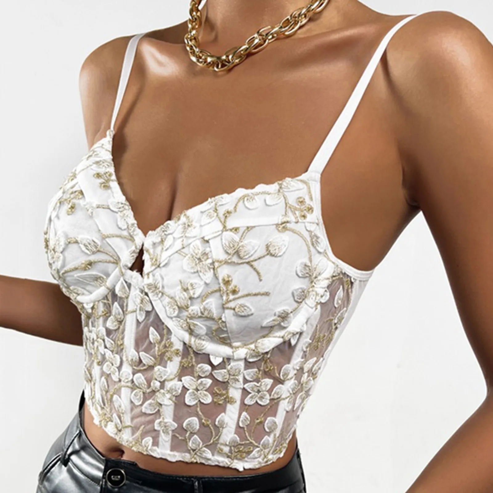 Floral Lace Corset Women's Ruffle Sleeveless Buttons Bustier Crop Tops See  Through Sexy Vintage Tank Top