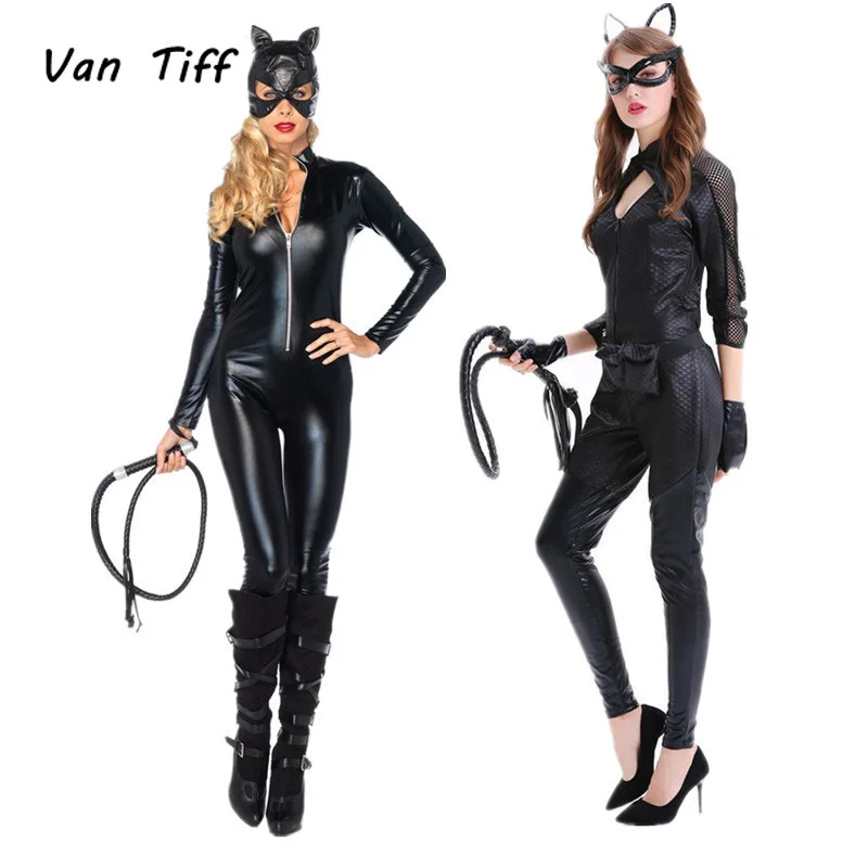 Женский костюм кошки из синтетической кожи черный для косплея Хэллоуина|Костюмы