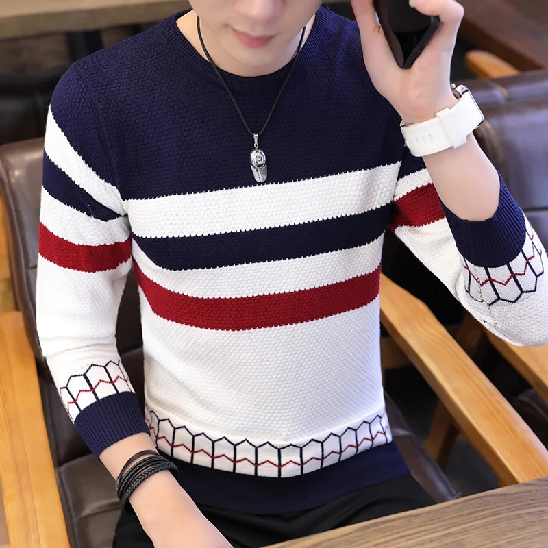 Мужская Осенняя мода Повседневная полоса цветной блок Трикотаж Джемпер пуловер свитер