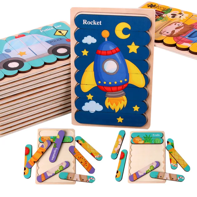 Kid Brain Wooden Toy Double-sided 3D Strip Animal Puzzle Telling Stories Stacking Jigsaw Montessori Educational Toy for Children 3