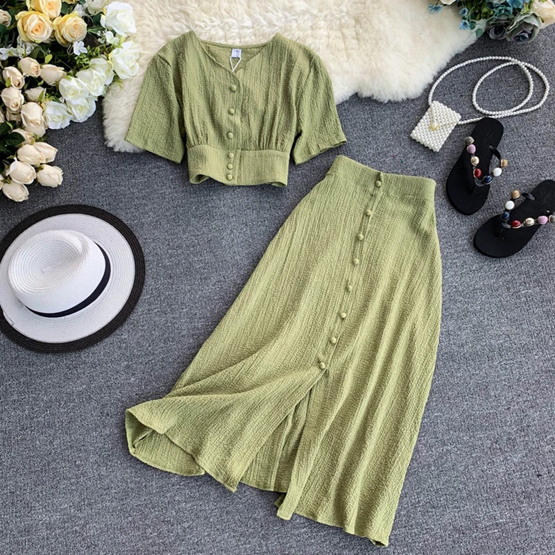 FTLZZ Summer Two Piece Set New Women V Neck Short Sleeve Tunic Waist Crop Tops + High Waist Long Skirt Suits FTLZZ Summer Two Piece Set New Women V Neck Short Sleeve Tunic Waist Crop Tops + High Waist Long Skirt Suits