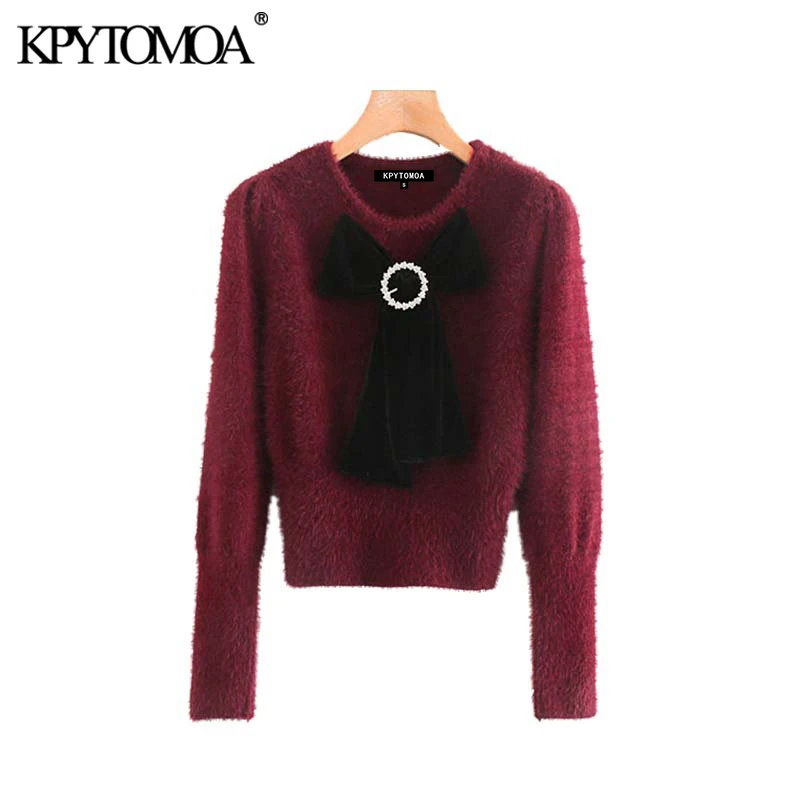 

Vintage Sweet Bow Tie Faux Fur Short Style Knitted Sweater Women 2020 Fashion O Neck Long Sleeve Female Pullovers Chic Tops