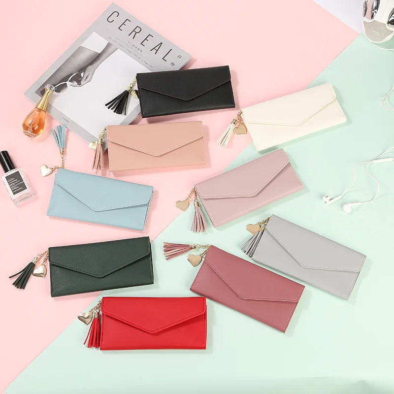 

Envelope-style Love Fringed Long Wallet, Simple And Cute Wild Girl Multi-card Position Buckle Folding Purses