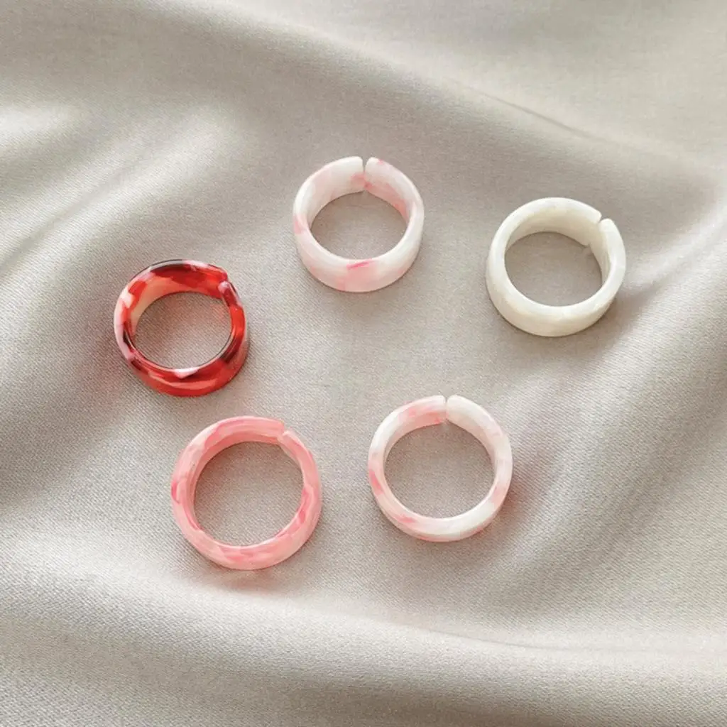 Ring Set Finger Ring Adjustable Rings 1 Set Colorful Transparent Acrylic Geometric Round Marble Pattern Ring Resin Acetate Board Rings For Women Girls Jewelry