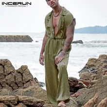 

INCERUN Man Lace Up Overalls Men Solid Color Casual Jumpsuits Short Sleeve Lapel Rompers 2021 Summer Button Cargo Joggers S-5XL