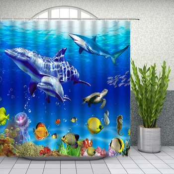 

Underwater World Shower Curtain Ocean Animal Dolphin Shark Turtle Bathroom Decor Waterproof Polyester Home Bath Cloth Curtain Se