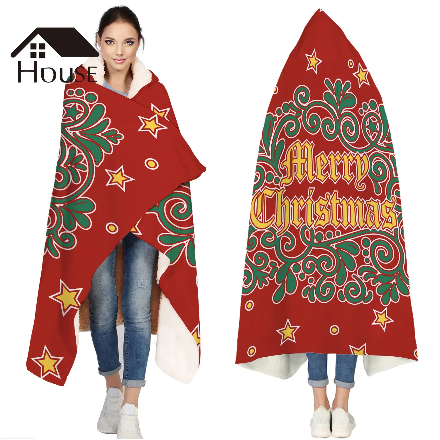 

Red Stars With Christmas Plants Portable Wearable Fluffy Custom Hooded Blanket Fleece Hooded Throw Wrap Bed Blanket