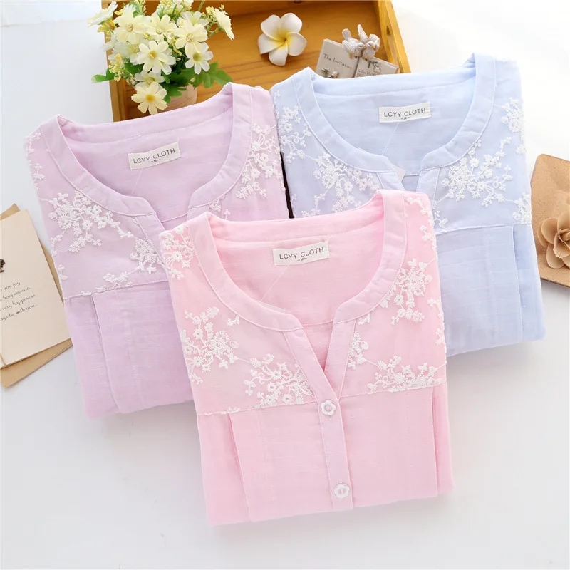 

Supply of Goods Solid Color Gauze Confinement Clothing Spring And Autumn Pure Cotton Lace Maternal Home Pajamas Nursing Clothes