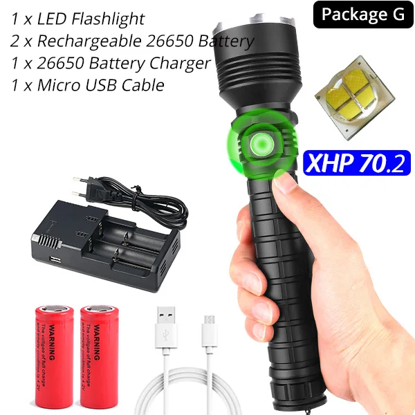 Option G Мощный светодиодный фонарь XHP70.2, водонепроницаемый светодиодный фонарь с поддержкой зума, 3 режима освещения, питание от аккумулятора 18650 или 26650 для улицы - Испускаемый цвет: Option G