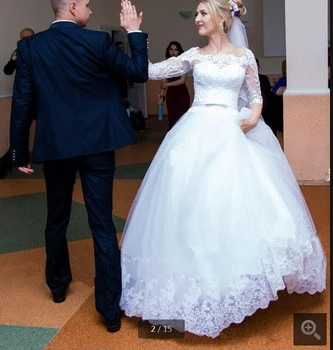 

Robe de Mariage white lace appliques ball gown wedding dress beaded with half sleeve and sashes modest princess bride gowns
