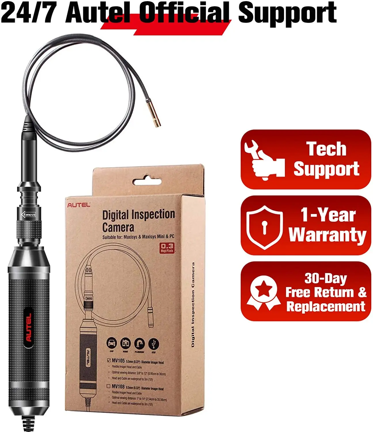 best car inspection equipment Autel MaxiVideo MV108 HD Digital 8.5mm Inspection Camera For MaxiSys Series/Pro And PC Support Video Inspection E Image Head car inspection equipment