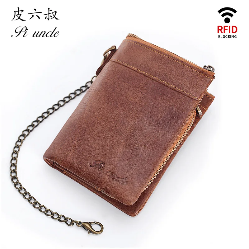 PI UNCLE Brand MOTO Style Metal Chain Wallets RFID Genuine Leather Men's Short Zipper Pocket Wallet Men Cardholder Purse
