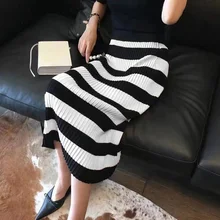 Женская Повседневная Осенняя теплая трикотажная плиссированная Полосатая юбка выше колена средней длины, женская модная тонкая юбка