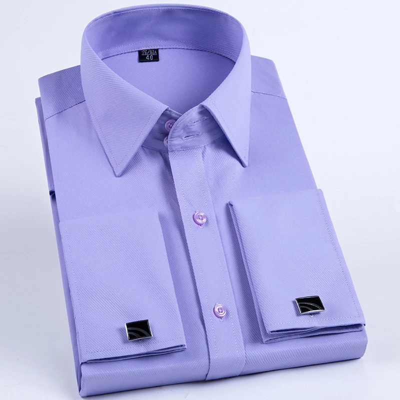 Men's French Cuff Dress Shirt Long Sleeve Slim Fit Tuxedo Shirts with Cufflinks Poly/Cotton Double Button Collar