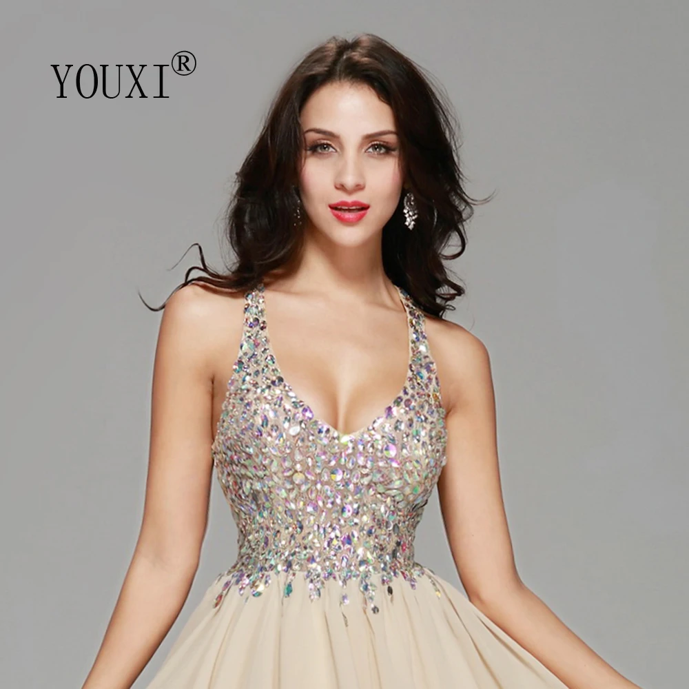 Sexy Champagne Chiffon Lace Crystal Cocktail Dresses Short Prom Dresses for Homecoming Graduation