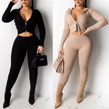 Спортивный костюм для женщин модный однотонный v-образный вырез на молнии длинный рукав с капюшоном блузка пальто длинные брюки костюм женский спортивный костюм комплект из 2 предметов# D