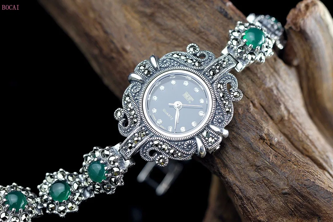 Серебро 925 womdn's браслеты S925 Стерлинговое серебро ювелирные изделия для женщин зеленый камень Модный браслет часы для женщин стиль