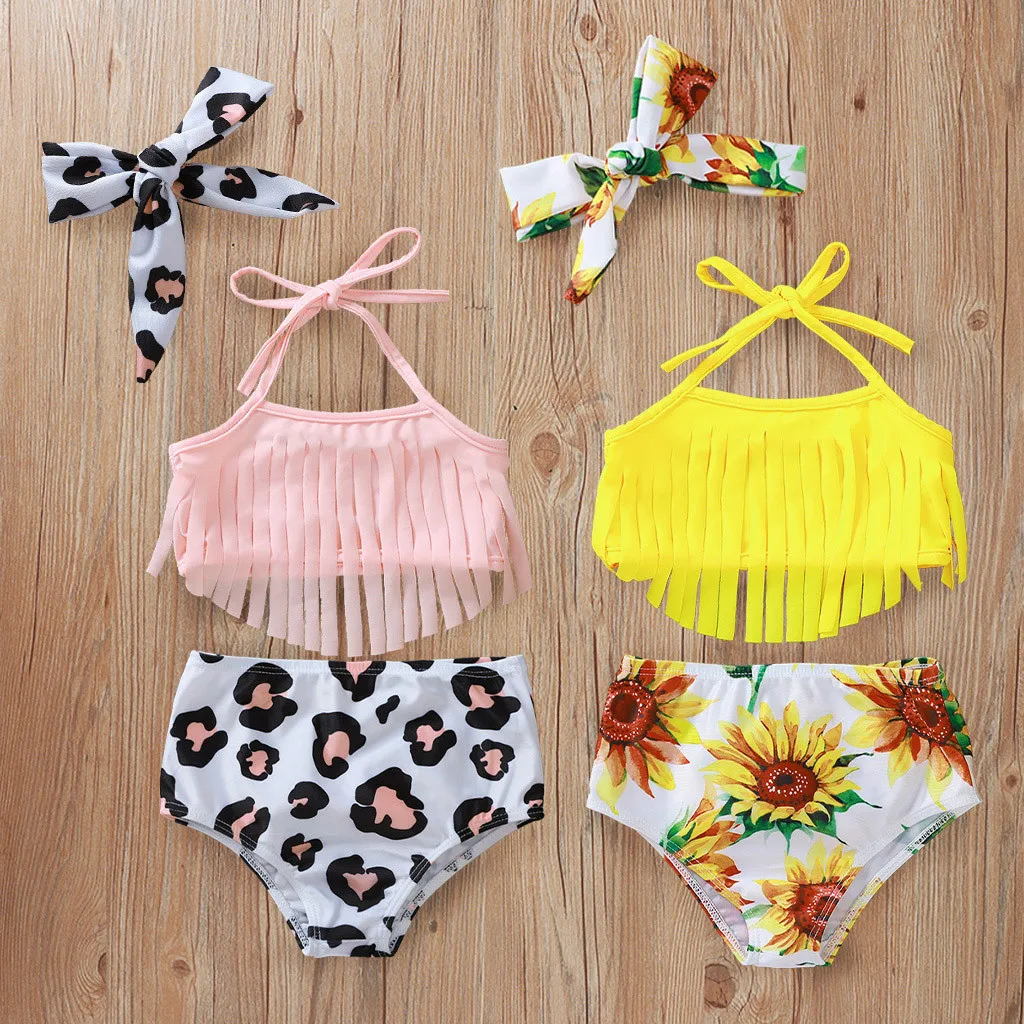 fashion two piece set swimsuit for baby girl Tassel Sunflower Print Summer Swimwear Bikini
