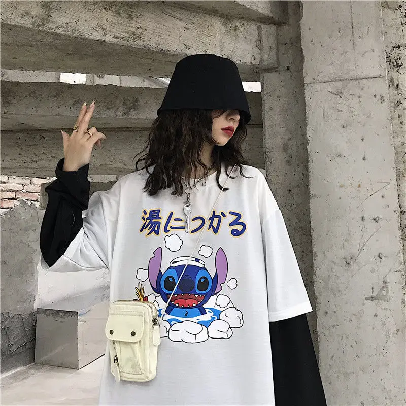 Для женщин Harajuku Винтаж футболка с длинным рукавом для девочек; корейский в стиле "петчворк" с надписями и принтом с О-образным вырезом, с эластичной резинкой на весну и зиму Топ Femme