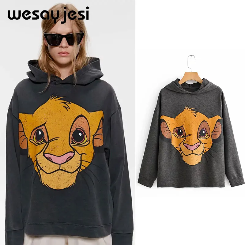 Lion Черная розовая Женская толстовка с рисунком короля льва из мультфильма, Женская толстовка с длинным рукавом и круглым вырезом, Повседневная Свободная Женская толстовка с капюшоном, пуловер - Цвет: Lion