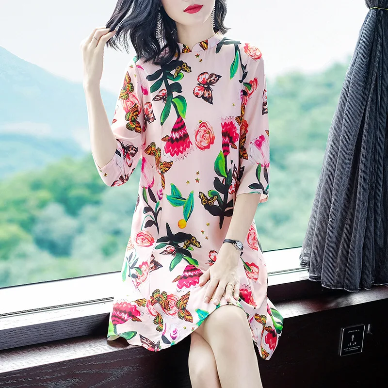 

2020 Spring Summer Dress Women 100% Real Silk Floral Dress Butterfly Print Mini Cheongsam Vestidos Mujer 68970 KJ4376