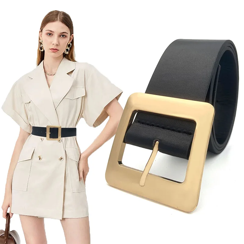 Fashion Pu Leather Wide Belt Metal Square Buckle Waist Strap  Designer Brand Women Coat Skirt Jeans Trouser Decoration Waistband