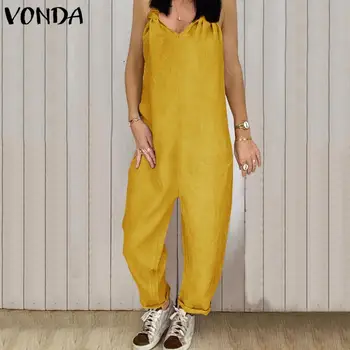 

VONDA Plus Size Bohemian Rompers Womens Jumpsuits Summer Sleeveless Beach Playsuits Vintage Casual Loose Overalls Femme Pants