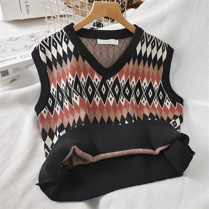 Spring Ethnic Knit Vest Women Short Knitted Sweater Coat Sleeveless Plaid Waistcoat Autumn Short Outwear Chalecos Para Mujer