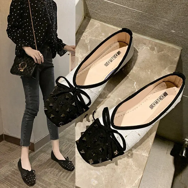 

Flat Keel Thin Shoes Women's Fashion 2020 New Style Fashion British Style Versatile Square Head Rivet Mixed Colors Low-Cut Soft-