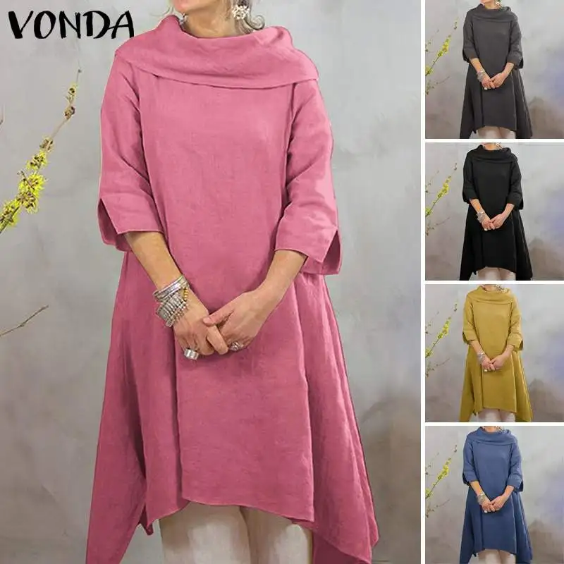 VONDA размера плюс, платье миди, женское, Осеннее, одноцветное, половина рукава, хлопок, длинное платье, повседневные, свободные, вечерние, vestidos robe Femme S-5XL