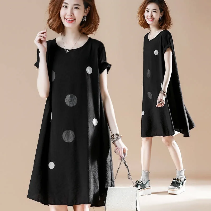 

2019 Summer New Style Large Size da bo dian Floral Printed Dress Women's Summer Crew Neck Loose-Fit Short Sleeve A- line Skirt W