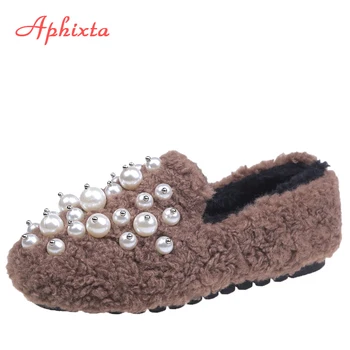 

Aphixta Fashion Pearl Flats Winter Warm Shoes Women 2020 Ballerinas Shoes For Women Flat Heel Plush Furry Moccasins Woman Flats