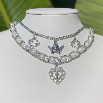 

Retro New Brand New Spot Girl's Court Relief Lovely Cross Pendant Pearl Necklace Clavicle Chain Female